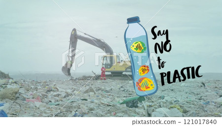 Image of say no to plastic text and bottle with fish over rubbish in landfill Image of say no to plastic text and bottle with fish over rubbish in landfill 121017840