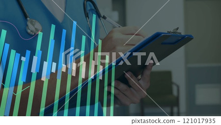 Image of financial data processing over caucasian female doctor with clipboard Image of financial data processing over caucasian female doctor with clipboard 121017935