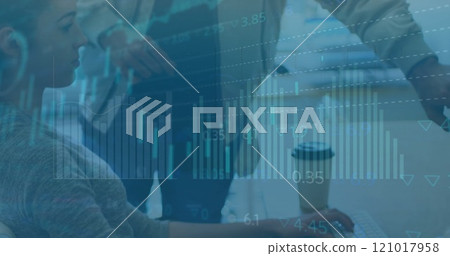 Image of financial data processing over diverse business people in office 121017958