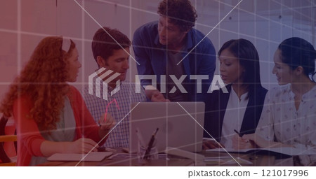 Image of data processing and diagrams over diverse business people discussing work 121017996