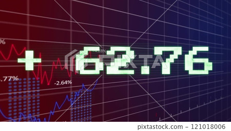 Image of financial data processing on grid over dark background 121018006