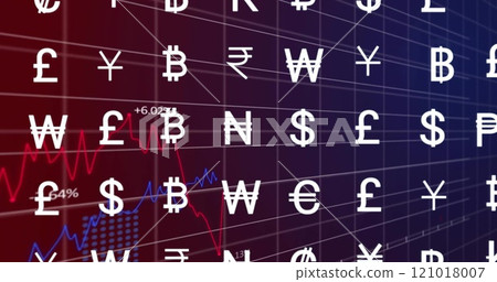 Image of financial data processing and currency on grid over dark background Image of financial data processing and currency on grid over dark background 121018007