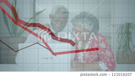 Image of data processing over diverse senior couple holding documents Image of data processing over diverse senior couple holding documents 121018207