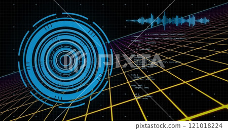 Image of data processing and scope over dark background 121018224
