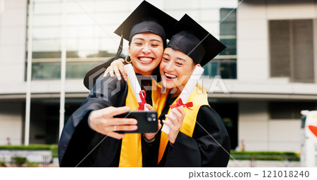 Women, university student and happy on graduation with selfie for social media or profile picture in Japan. People, campus and smile with scroll for memories, success and achievement as friends Women, university student and happy on graduation with selfie for social media or profile picture in Japan. People, campus and smile with scroll for memories, success and achievement as friends 121018240