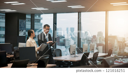 Tablet, walking or business people in office with legal advisor for court case, documents or research. Mature, lens flare or lawyer in city with attorney, feedback or paperwork at law firm in Japan 121018251