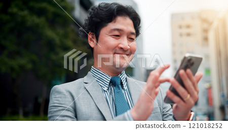 Business, man and typing with phone in city for mobile chat, online research and happy for notification. Japanese person, smile and smartphone in urban town for checking schedule on morning commute 121018252