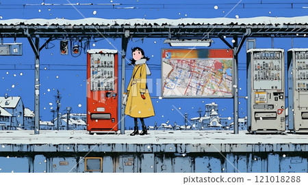 在雪地月台上等待火車的年輕女子 121018288