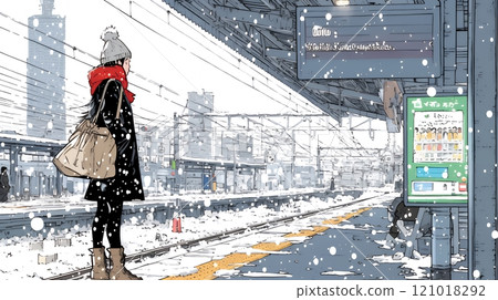A young woman waiting for a train on a snowy platform A young woman waiting for a train on a snowy platform 121018292