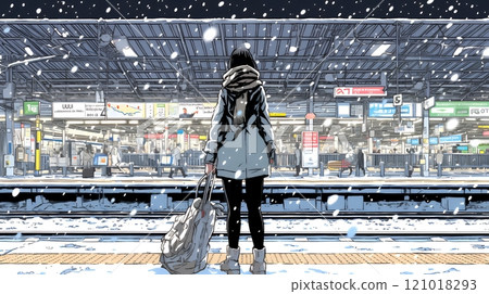 在雪地月台上等待火車的年輕女子 121018293