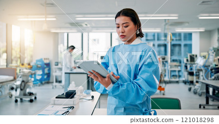 Man, scientist and serious on tablet at laboratory for medical research, investigation or results on vaccine tests in Japan. Female person, healthcare professional and innovation on drug trial report 121018298
