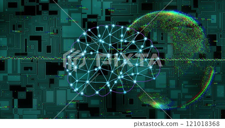 Digital brain network and data processing image over circuit board background 121018368