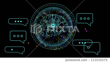 AI neural network and chat bubbles image over black background with colorful particles 121018374