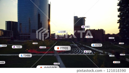 Cityscape with social media notifications image over urban park and buildings 121018390