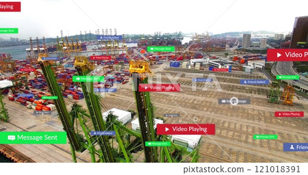 Container port with cranes, social media notifications image over shipping yard Container port with cranes, social media notifications image over shipping yard 121018391