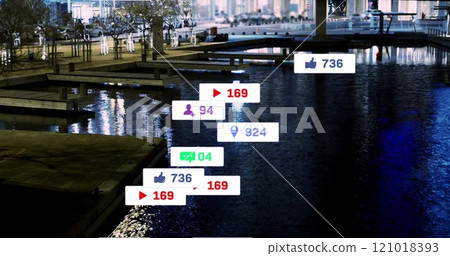 Social media notifications image over cityscape with reflections on water 121018393