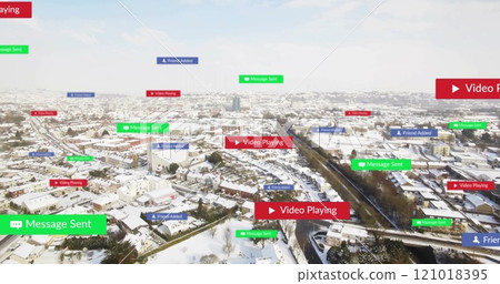 Social media notifications image over snowy cityscape 121018395