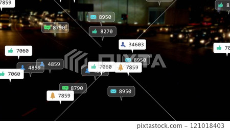 Social media interaction icons image over night traffic scene 121018403