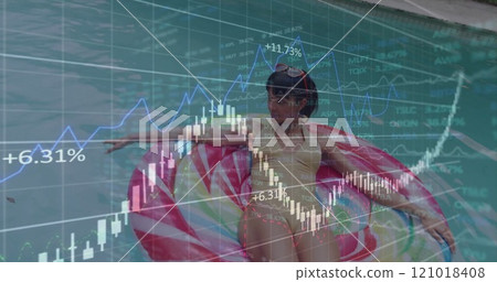 Image of charts processing data over caucasian woman sitting in sunny swimming pool Image of charts processing data over caucasian woman sitting in sunny swimming pool 121018408