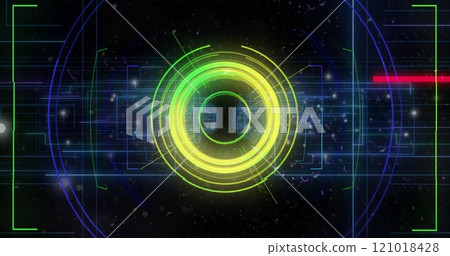 Image of scope scanning with shapes over light trails on black background 121018428