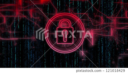 Image of padlock icon with connections over data processing on black background 121018429