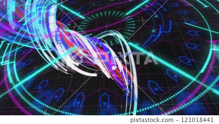 Image of scope scanning with shapes over light trails on black background 121018441