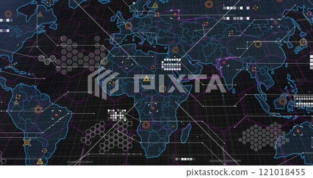 Image of world map over shapes on black background Image of world map over shapes on black background 121018455