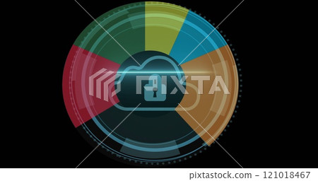 Image of padlock and cyber security text over circle diagrams 121018467