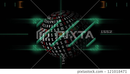 Image of spinning globe and shapes over binary coding 121018471