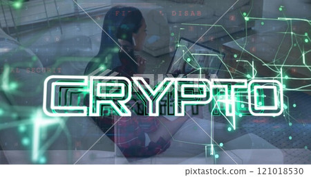 Image of crypto text over data processing and connections over biracial woman using laptop 121018530