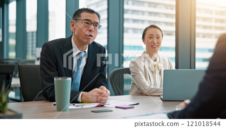 Interview, job opportunity and recruitment with business people in office for hiring process. Collaboration, human resources and laptop with Japanese management team in workplace for employment 121018544
