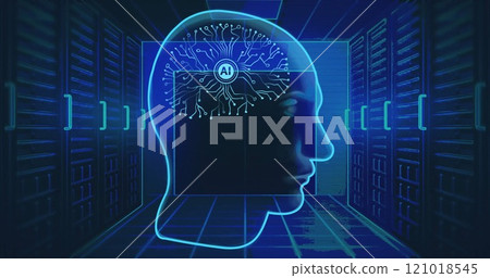 Image of circular ai scanner and brain network in head over blue computer server room Image of circular ai scanner and brain network in head over blue computer server room 121018545