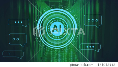 Image of circular ai scanner and chat bot message icons over glowing server room Image of circular ai scanner and chat bot message icons over glowing server room 121018548