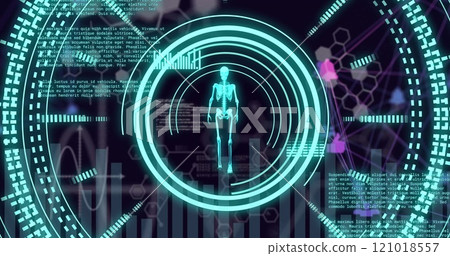 Image of scientific data processing and skeleton over dark background Image of scientific data processing and skeleton over dark background 121018557