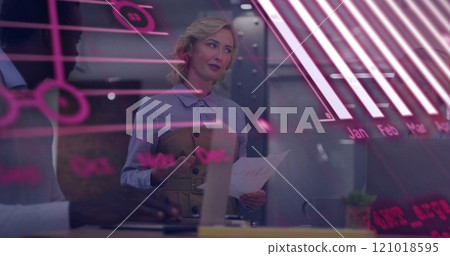 Image of data processing and diagrams over diverse colleagues discussing work Image of data processing and diagrams over diverse colleagues discussing work 121018595