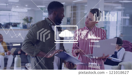 Image of data processing and diagrams over diverse colleagues discussing work 121018627