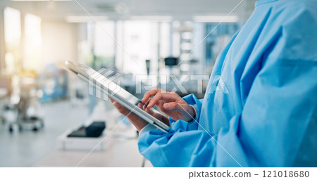 Healthcare, scrubs and tablet with hands of nurse in hospital for diagnosis, research or telehealth. Internet, medical and technology with medicine professional person closeup at clinic in Japan Healthcare, scrubs and tablet with hands of nurse in hospital for diagnosis, research or telehealth. Internet, medical and technology with medicine professional person closeup at clinic in Japan 121018680
