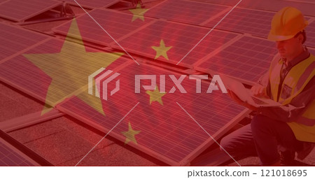 Image of flag of china over caucasian male worker with solar panels 121018695