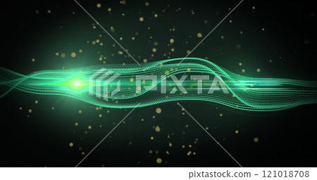 Glowing green wave image with particles floating on dark background Glowing green wave image with particles floating on dark background 121018708