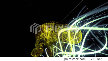 Abstract yellow and white light trails forming shapes over black background, image 121018710