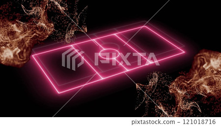 Neon pink sports court image with particle effects on black background 121018716