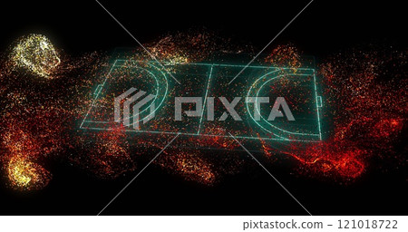 Digital basketball court with glowing lines and particles image 121018722