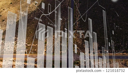 Financial data analysis image over aerial view of road through landscape Financial data analysis image over aerial view of road through landscape 121018732