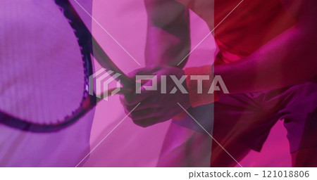 Image of flag of france over african american male tennis player Image of flag of france over african american male tennis player 121018806