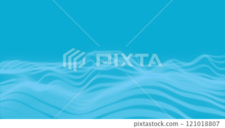 Image of undulating waves of pale blue curved lines moving on blue background Image of undulating waves of pale blue curved lines moving on blue background 121018807