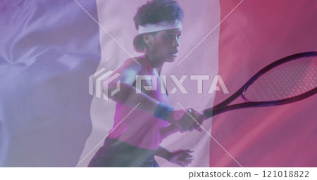 Image of flag of france over african american female tennis player with tennis racket Image of flag of france over african american female tennis player with tennis racket 121018822