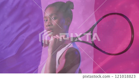 Image of flag of france over african american female tennis player with tennis racket 121018823