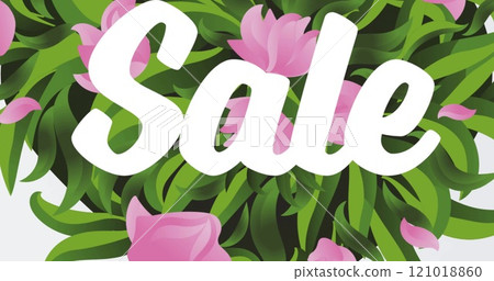 Image of sale text in white on pink flowers over dripping black paint on white 121018860