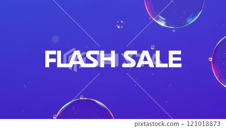 Image of flash sale text in white with bubbles on blue background 121018873