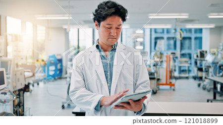 Man, scientist and reading on tablet at laboratory for medical research, investigation or results on vaccine tests in Japan. Male person, healthcare professional and innovation for drug trial report 121018899